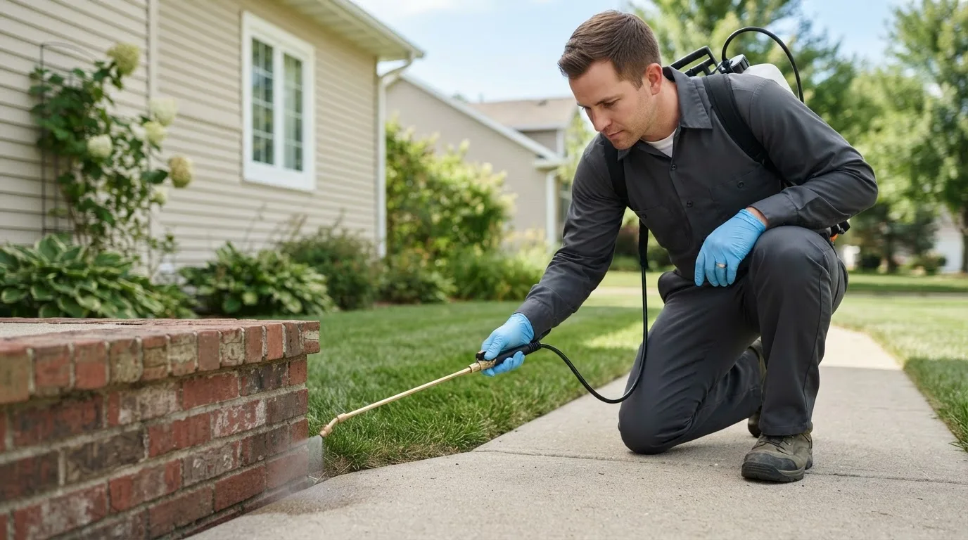 Pest control technician treating a home near Phippsburg, ME